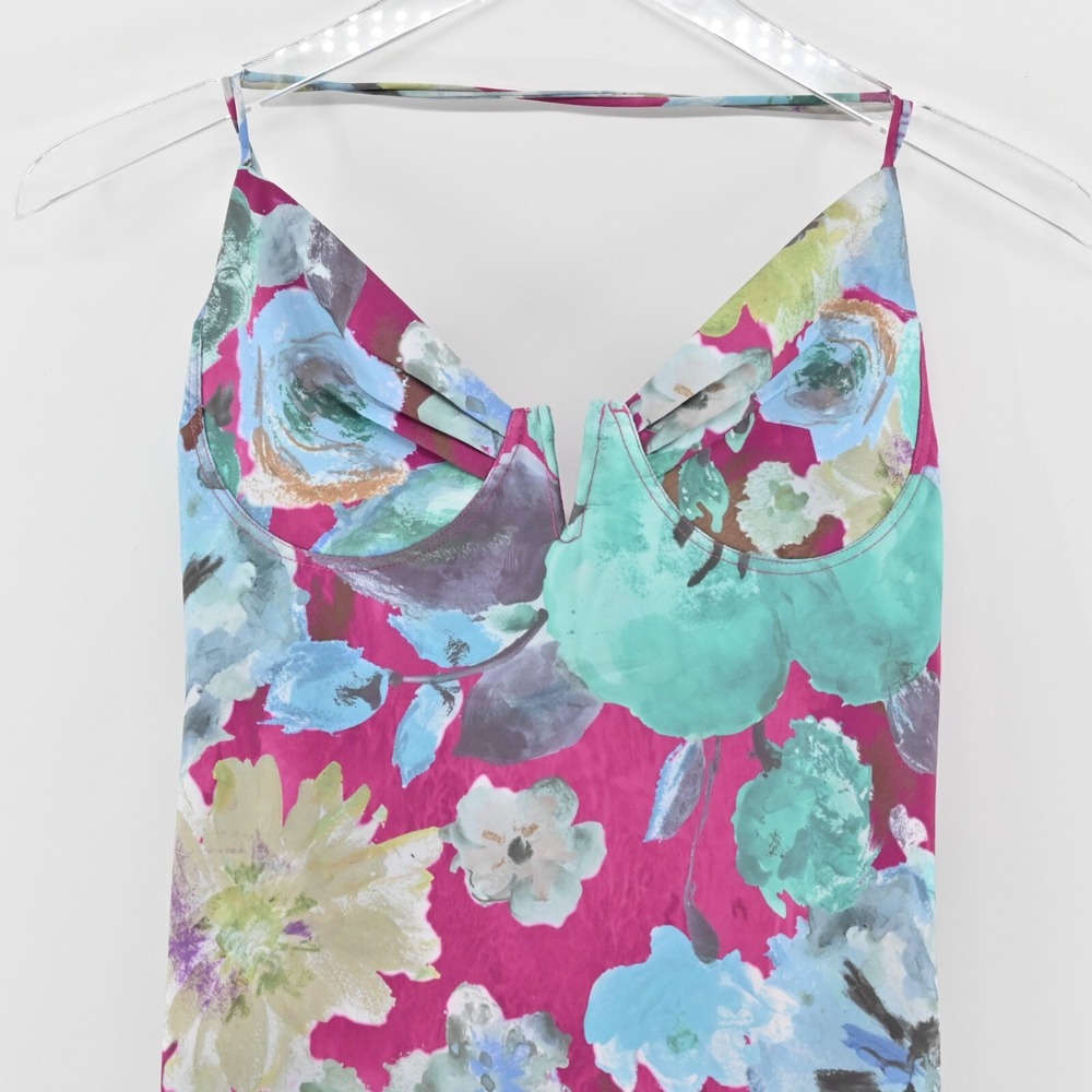 ACOA Dress Size M Blue Magenta Floral Print Strapless V Neck Midi Slip Vacation - Picture 10 of 13